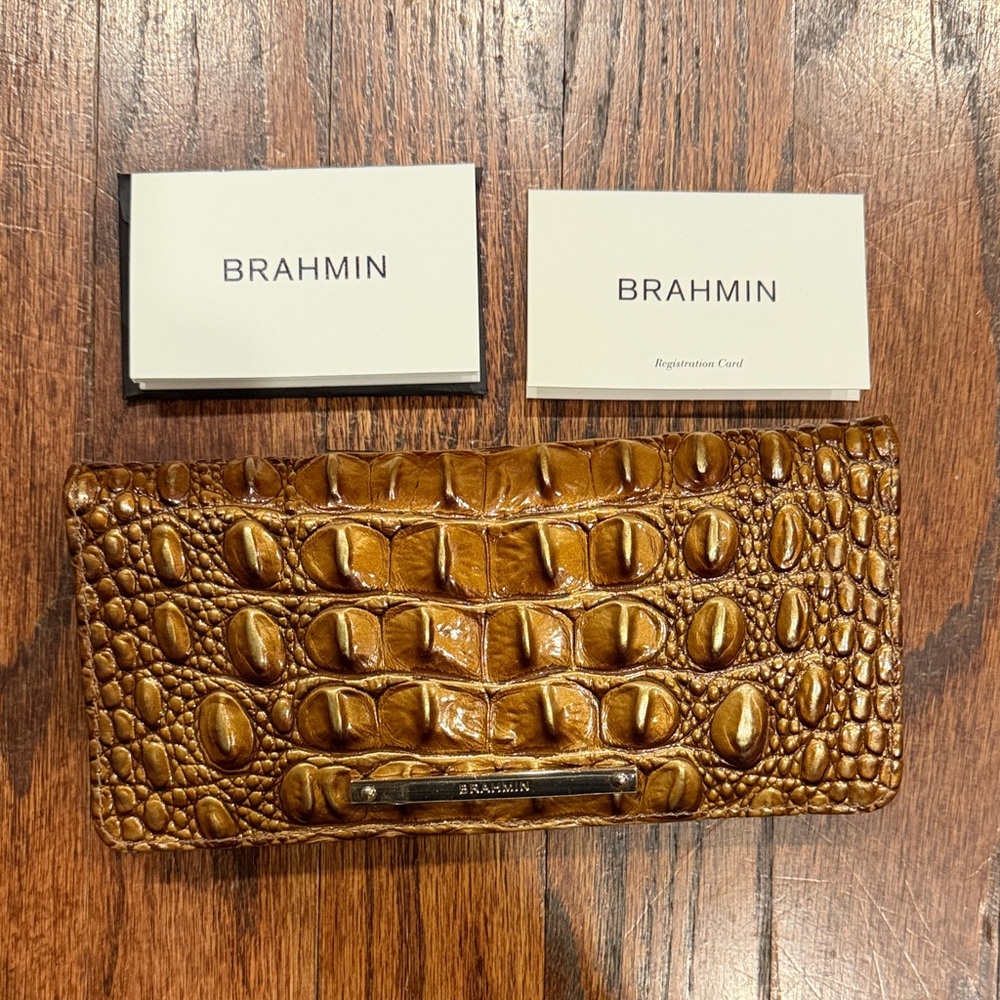 Brahmin Croc-Embossed Continental Wallet in Cognac Brown